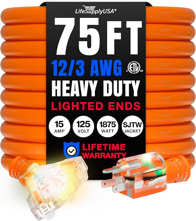 75ft Outdoor/Indoor Extension Cord 3-Outlet 12/3 Gauge Extra Heavy Duty ETL Listed, 3 Prong SJTW, Waterproof, Flexible Cold-Resistant Long Power Cord,15A 125V 1875W, Orange by LifeSupplyUSA