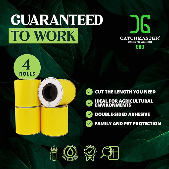 Catchmaster XL AG Roll 2PK, Double Sided Adhesive Fly Tape Strips, Fungus Gnat Sticky Trap for Greenhouse, Garden, Nursery, Pest Control Gardening Supplies, Pet Safe Insect Trap, 328' x 12" Yellow