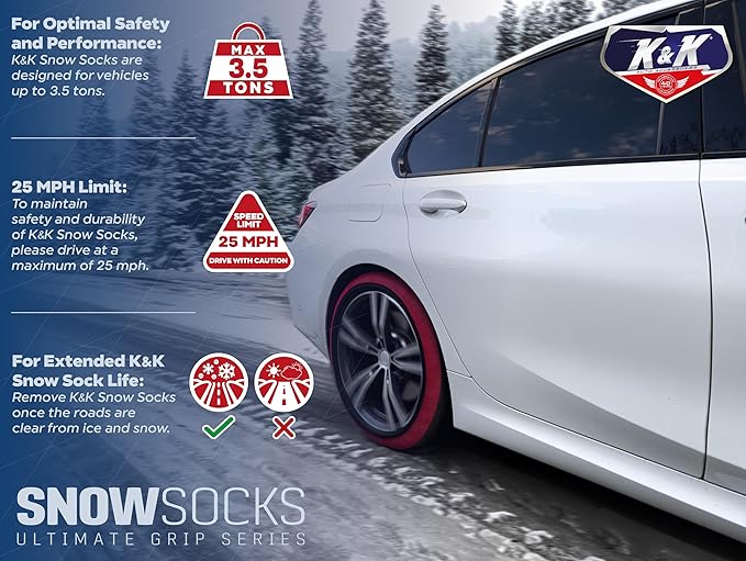 K&K Automotive Snow Socks for Tires - Pro Series for Ultimate Grip Alternative for Tire Snow Chain - Snow Traction Device for Car Van Pickup Truck SUV 4x4 Winter Emergency Accessory 2-piece (3X-Large)
