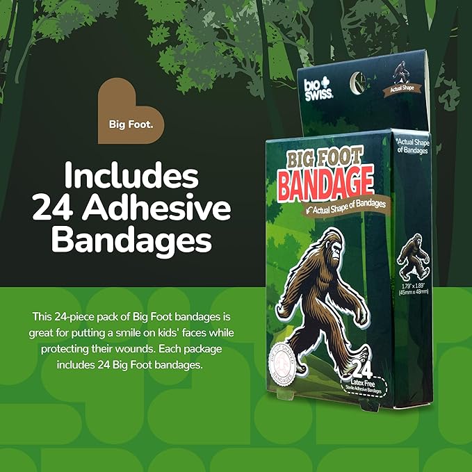 BioSwiss Kids Bandages, Bigfoot Shaped Self Adhesive Bandage Set, Latex Free, Sterile Wound Care, 24 Count