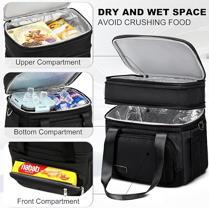 Lunch Box for Men Women - Double Deck Insulated Lunch Bag, Large Leak Proof Tote Cooler, Wide Open Dual Compartment Lunch Bags with Shoulder Strap, For Work Picnic Hiking Beach, Black