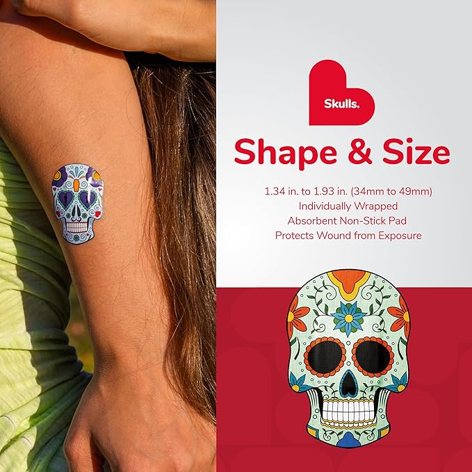 BioSwiss Kids Bandages, Sugar Skull Shaped Self Adhesive Bandage Set, Latex Free, Sterile Wound Care, 24 Count