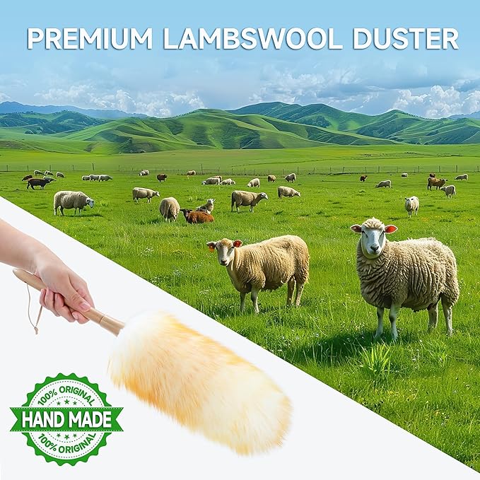 ONESIMUS 2 Pack Lambswool Dusters Fluffy Handheld Natural Feather Duster, 16.1 inch Washable Reusable Wool Dusters with Solid Wooden Handle for Cleaning Ceiling Fan, Interior, & Car etc