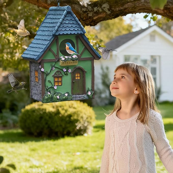 Cottage Garden Birdhouse – Green Resin Outdoor Decorative Bird House with Flower and Stone Details, Weatherproof for Backyard or Porch