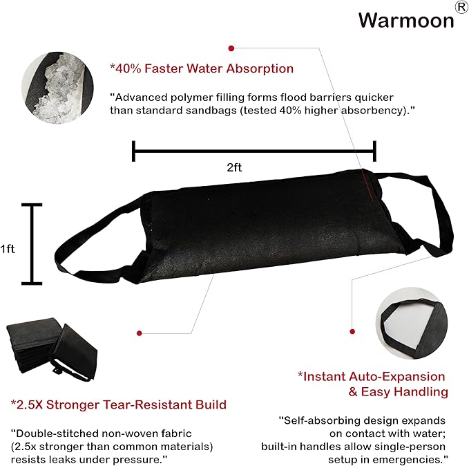 1FT*2FT Warmoon Self-Absorbing Flood Bags with Handles for US Homes - Ideal Barriers for Doorways, Garages & Basements (1ft*2ft (Pack of 2))