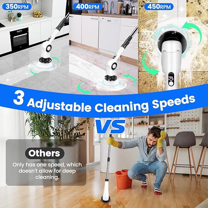 Electric Spin Scrubber, Cordless Power Shower Scrubber with 7 Scrub Brush, 3 Speeds, Adjustable Extension Handle, IPX7 Waterproof Electric Cleaning Brush for Bathroom Tub Tile Kitchen Car- White