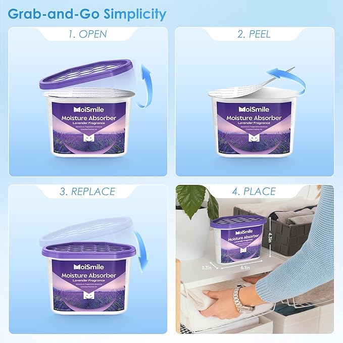 Moisture Absorbers 12 Pack, Lavender Fragrance Closet Dehumidifier for Bathroom, Car ＆ Basement, 10.5 oz Refillable Humidity Absorber Boxes