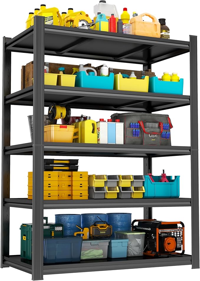 78" H Garage Shelving, 2500 LBS Heavy Duty Storage Shelves, Adjustable 5 Tier Shelving Unit, Garage Shelves Heavy Duty, Industrial Metal Utility Shelves for Workshop, Basement, Home Office, Black