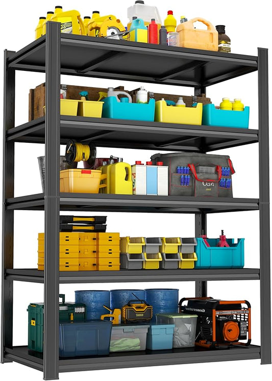 78" H Garage Shelving, 2500 LBS Heavy Duty Storage Shelves, Adjustable 5 Tier Shelving Unit, Garage Shelves Heavy Duty, Industrial Metal Utility Shelves for Workshop, Basement, Home Office, Black