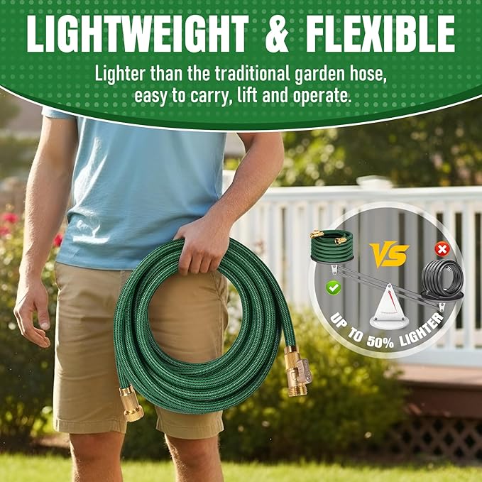 NON-EXPANDABLE Garden Hose 20 ft, Heavy Duty Flexible Water Hose, Kink Resistant Lightweight Hybrid Hose with Durable Fabric Skin, Leakproof Hose Male to Female Fittings