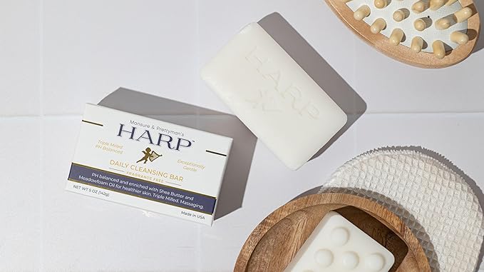 HARP pH-Balanced (5.0-6.0) Body Wash Bar. 100% Syndet. Protects Moisture Barrier For Sensitive, Dry or Irritated skin. + Shea Butter/Borage Oil. Non-Comedogenic. FRAGRANCE FREE
