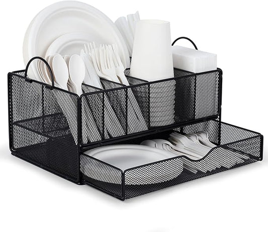 Paper Plate Organizer for Countertop, Paper Plate Dispenser with Drawer and 6 Compartments, Utensil silverware Caddy Holder, Black Cutlery Flatware Organizer with Non-slip mat