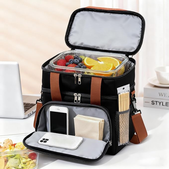 16 litres Insulated Lunch Bag for Men & Women, 2 Deck Lunch Box with Leak-Proof, Insulated Cooler Bag, Reusable Lunch Tote, with Adjustable Shoulder Strap for Office Picnic Hiking Beach
