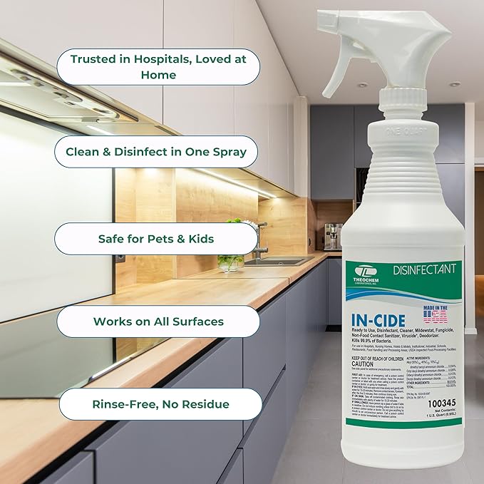 In-Cide Disinfectant Spray EPA Registered Kills 99.9% of Germs Norovirus MRSA – Multi Surface Cleaner for Homes Schools Hospitals Fresh Scent 32 oz 2 Pack