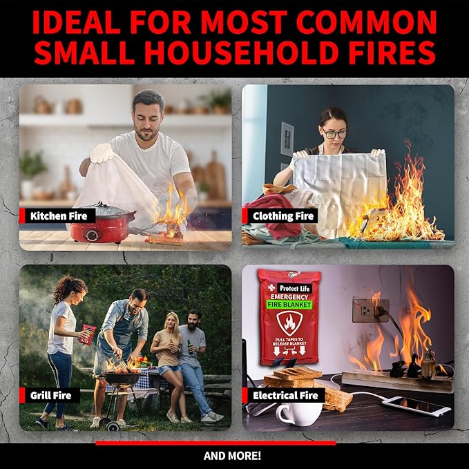 Protect Life Saving Emergency Fire Blankets 1 Pack - 40"x40", Fiberglass Fire Blanket for Home & Kitchen - Fire Suppression or Retardant Tarp - Fire Safety Kit for Car or Camping