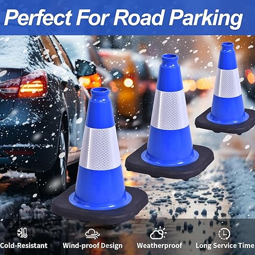BESEA 8Pack 12 Inch Blue Traffic Cones with 4 Inch Reflective Collar, Heavy Duty PVC Safety Cones with 8.5 x 8.5 Inch Base for Parking, Driving Practice, Sports Training, and Construction