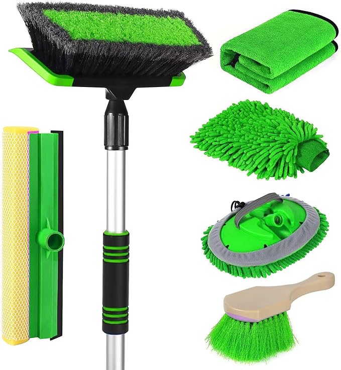 62'' Car Wash Brush with Long Handle, Scratch-Free Soft Bristles Sturdy Car Wash Mop, Complete Cleaning Brush Kit Wash Mitt Towel Windshield Squeegee Wheel Tire Brush for Car Truck RV Green