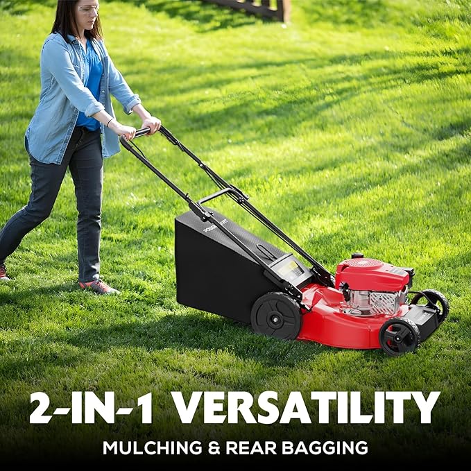 PowerSmart Lawn Mower Gas Powered, 21-Inch 144cc Engine 2-in-1 Walk-Behind Push Lawn Mower, Oil Included