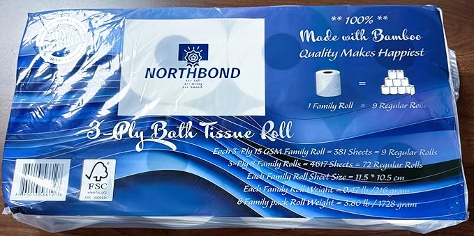 Northbond Strong & Soft 3-Ply Bamboo Toilet Paper – Eco-Friendly, Sustainable, Ultra-Absorbent Bulk 8-Pack (72 Regular Rolls), 4617 Sheets for Families, Septic-Safe & Biodegradable.