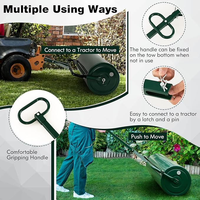 Goplus Lawn Roller, Push/Tow-Behind Lawn Roller, 30 Gallon/113L Water Sand Filled Sod Roller Drum Roller with Detachable Gripping Handle, Yard Roller Pull Behind a Tractor for Garden Yard Park Farm