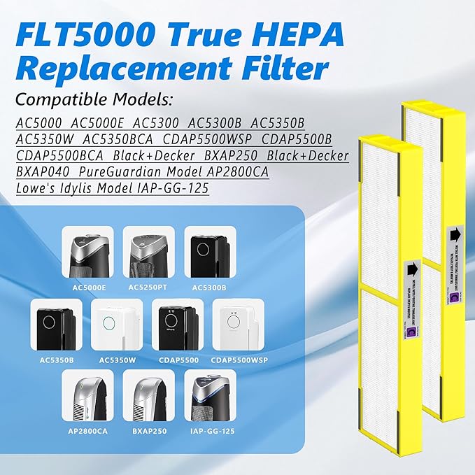 4 Packs FLT5000 HEPA Filter C Replacement Compatible with Air Purifi-er AC5000, AC5000E, AC5250PT, AC5350B, AC5350BCA, AC5350W, AC5300B, CDAP5500B, AP2800CA with 8 Activated Carbon Pre-Filters Yellow