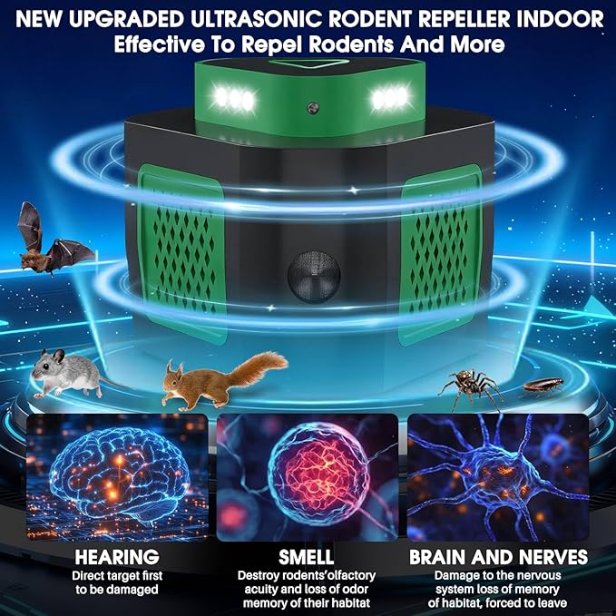 2 Pack Mice Rat Repellent for House Rodent Repellent Ultrasonic Mouse Deterrent,360°Mice Trap for House Indoor,Mouse Repellent with Flashing Light for Attic Garage Basement Crawlspace,4 Mode Switching