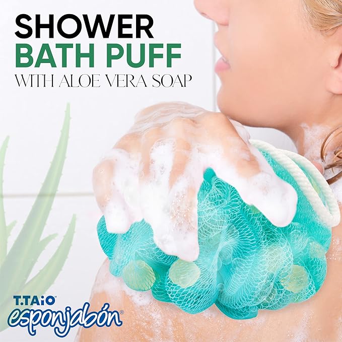 T.Taio Esponjabon Shower Bath Puff Soap Sponge - Loofah Luffa Loufa Body Wash Ball - Mesh Pouf Scrubber for Full Cleanse Lather Skin Care - Essential Beauty Bathroom Accessories - Aloe Vera Scent