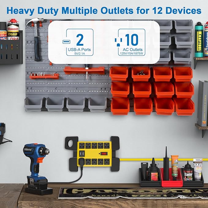 CCCEI Heavy Duty Power Strip with USB Ports, Garage 10 Outlets Surge Protector 2700 Joules, Industrial Workshop Metal 15Amp Multiple Outlets, 10 FT Extension Cord and Wide Spaced Yellow.