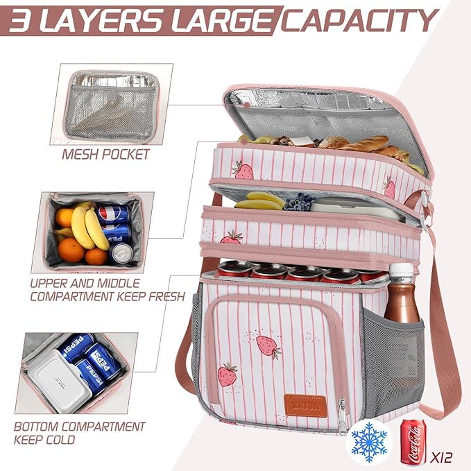 Insulated Lunch Bag for Women Men, Reusable 3 Layers Lunch Box Women, Expandable Reusable Water-resistant Lunch Box for Work Travel Office Picnic Hiking (Pink)
