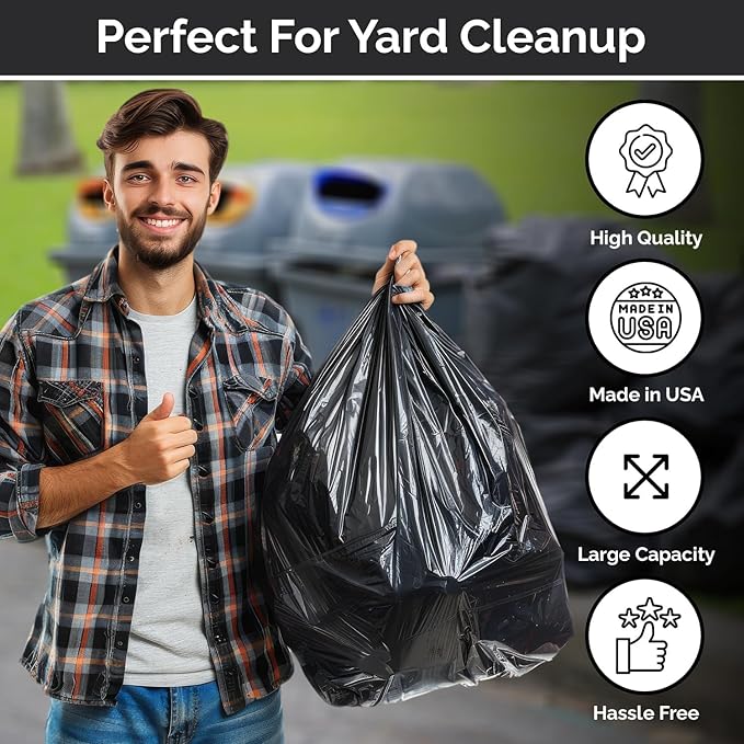 100 Count 55-60 Gallon Trash Bags, Sturdy & Tear-Resistant Commercial Can Liners | Large Black Garbage Bags for Commercial, Lawn & Leaf Use | Made in the USA