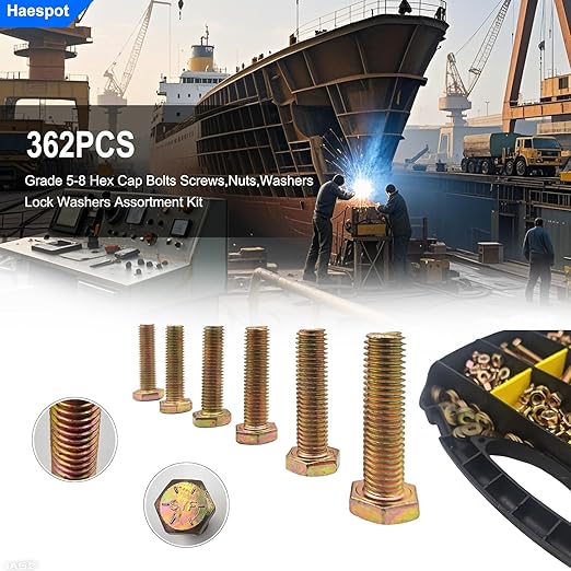362PCS Haespot 5 to 8 Grade Alloy Steel Heavy Duty Bolt and Nut Assortment Kit, Corrosion-Resistant and Durable,1/4"-20，5/16"-18，3/8"-16 SAE Hex Bolt, Multi-Size, Professional Storage