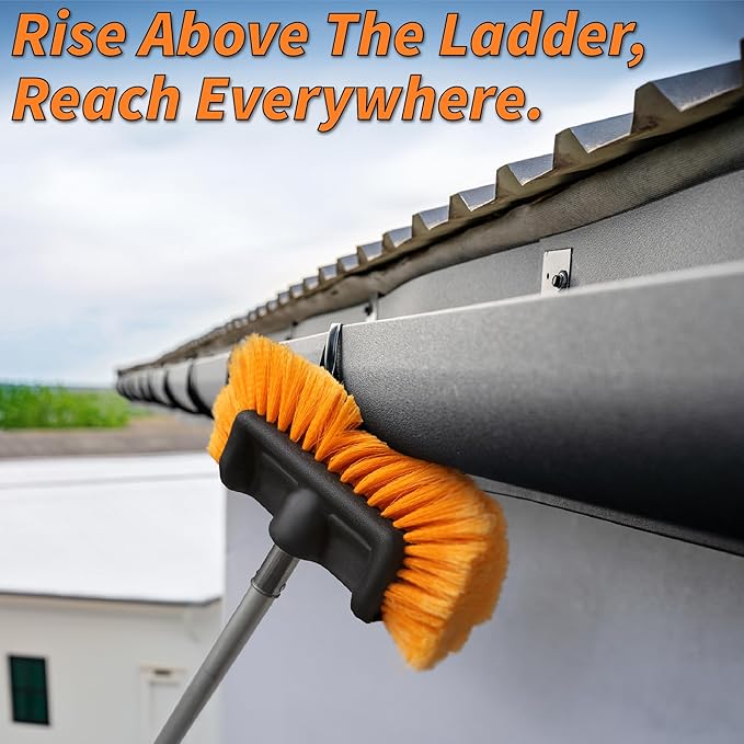 30-Foot Exterior House Cleaning Brush Set with 5-24 ft Extension Pole // Vinyl Siding Brushes with Telescopic Extendable Pole & Window Cleaning Squeegee Tool // The Ultimate Extension Scrub Brush Set
