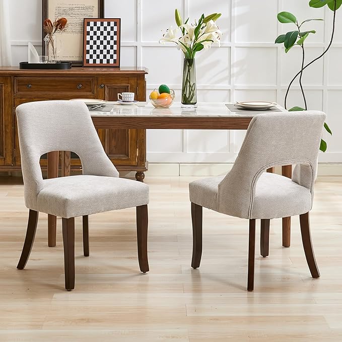 UVV Wooden Dining Chairs Set of 6, Mid Century Modern Upholstered Dining Room Chair Kitchen Chairs, Chenille Dinner Chair with Solid Wood Legs for Kitchen Dining Room, Light Grey-Chenille