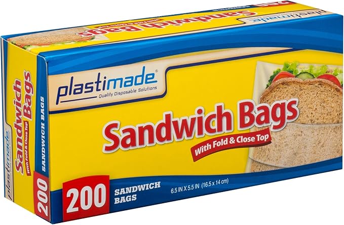 Disposable Plastic Sandwich Bags With Fold Close Top 200 Bags, Great For Home, Office, Vacation, Traveling, Sandwich, Fruits, Nuts, Cake, Cookies, Or Any Snacks (1 Pack)