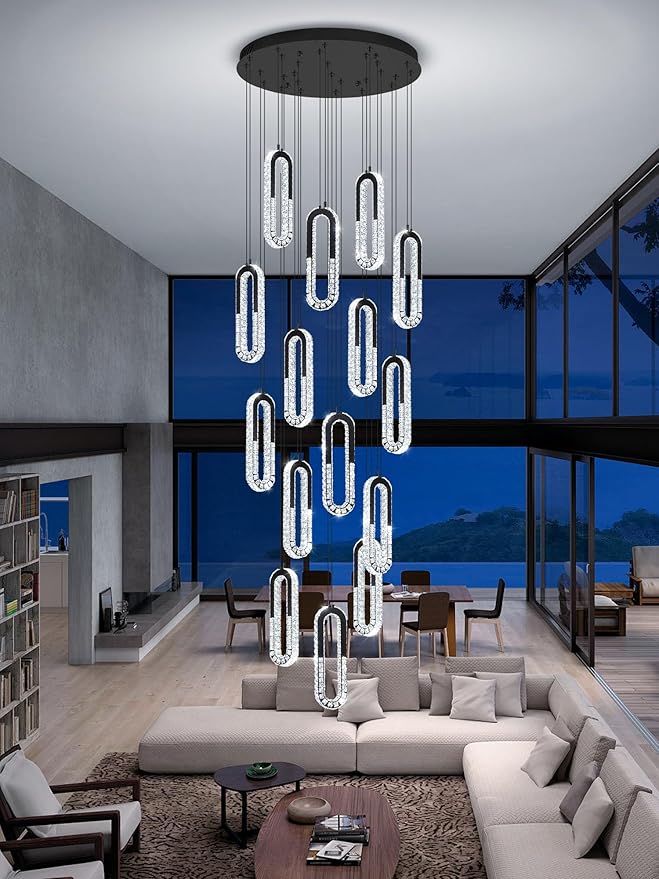 H138 Large Chandelier for High Ceiling,Modern 16-Rings Crystal Chandeliers for Entryway,Black Pendant Light for Living Room,Foyer,Entryway LED Dimmable Staircase Chandelier