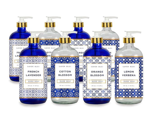 Savon Bleu Hand Soap Collection - 16oz Glass Bottles - 8 Pack - Home and Body Company - French Lavender, Cotton Blossom, Orange Blossom, Lemon Verbena
