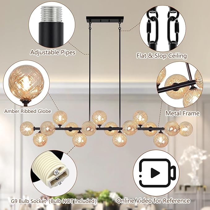 Dining Room Light Fixture, 55" Modern Chandelier Linear Sputnik Chandeliers with Amber Swirled Globe Farmhouse Chandeliers for Dining Room Kitchen island 16 Lights Large Chandelier for High Ceiling