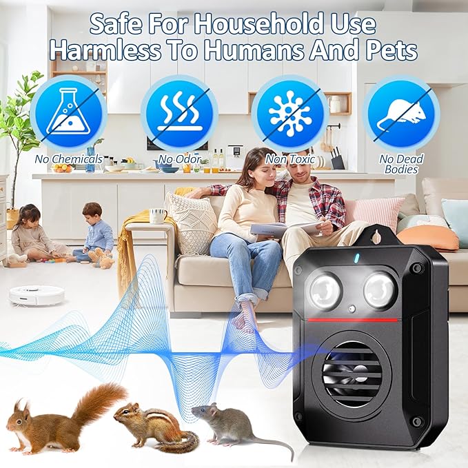 Ultrasonic Rat Repeller, Car Engine Rodent Repeller with Flashlight and Motion Sensor, Waterproof and Battery Operated Rat Deterrent Outdoor for Houses/Gardens/Attics, Against Mice/Rats/Martens