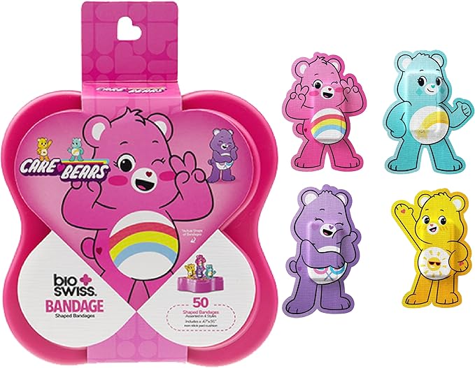 BioSwiss Care Bears Kids Bandages, Unlock The Magic Care Bear Shaped Self Adhesive Bandage Set, Latex Free, Sterile Wound Care, 50 Count