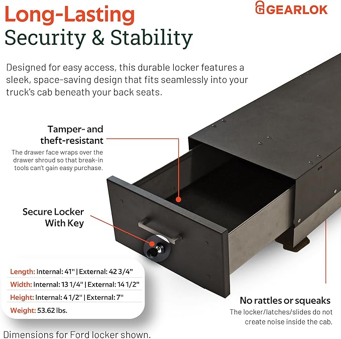 GearLok UnderSeat SideSlide Truck Locker – Secure Under Seat Storage for Ford F-Series Trucks – Lockable Truck Organizers and Storage for Tools, Ammo and Equipment (Fits 41"x13"x4.5" Interior)