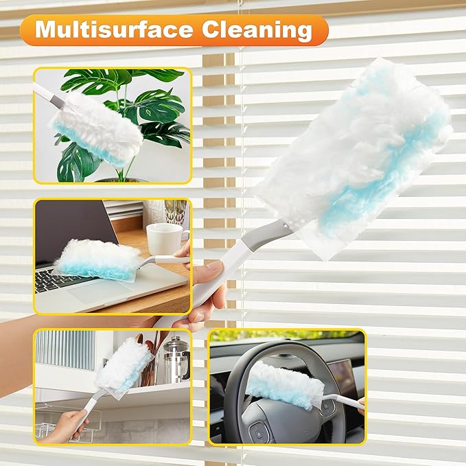 JOYMOOP Disposable Duster for Cleaning, with 1 Handles & 24 Ct Blue Heavy Duty Refills for Swiffer Feather Duster, Household Cleaning Tool for Electronics, Dusting Furniture, Blinds, Pet Hair