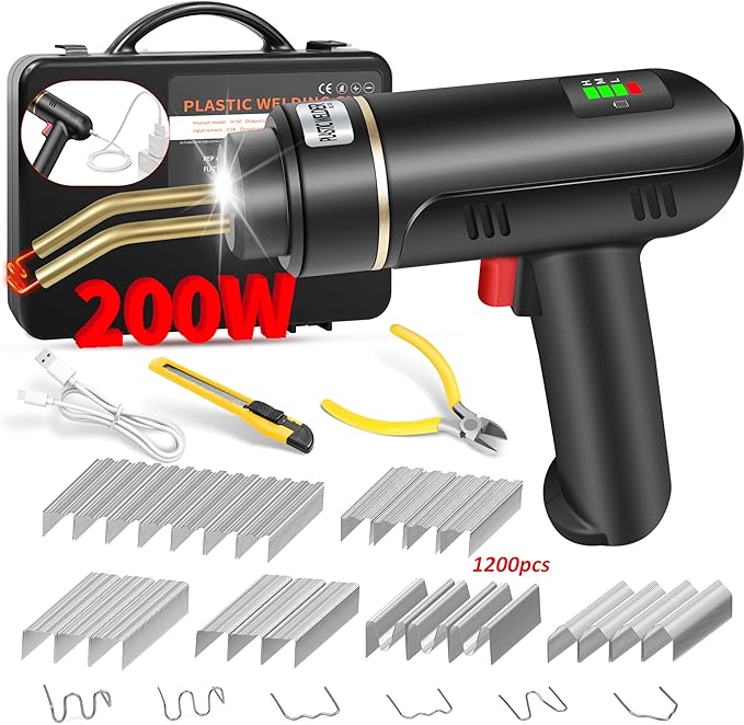 200W Cordless Plastic Welder, Plastic Welding Kit with 1200PCS Hot Stapler, USB Rechargeable Plastic Welder Gun with 5000mAh Battery, Plastic Weld Bumper Repair Kit for Most Plastic Repair