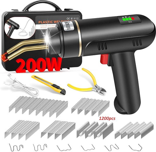 200W Cordless Plastic Welder, Plastic Welding Kit with 1200PCS Hot Stapler, USB Rechargeable Plastic Welder Gun with 5000mAh Battery, Plastic Weld Bumper Repair Kit for Most Plastic Repair