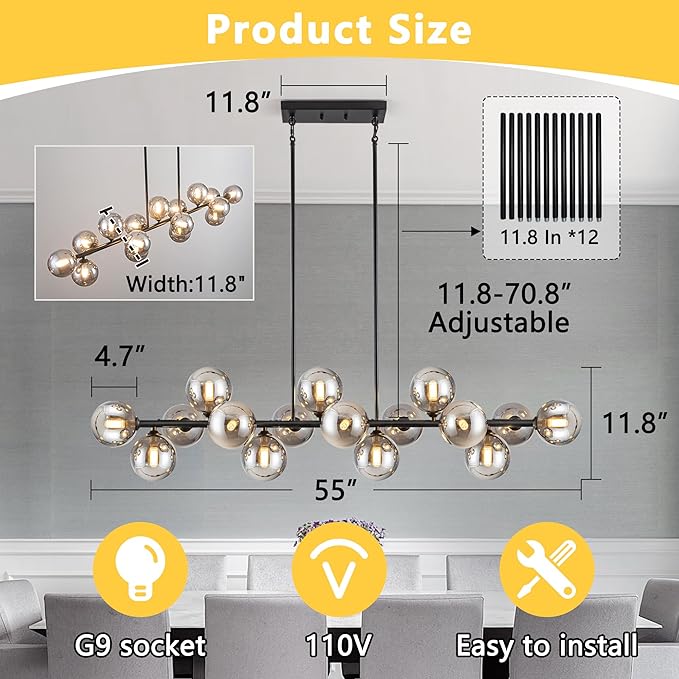Chandelier,16-Light Large Pendant Lights Kitchen Island Black Linear Sputnik Chandelier Modern Chandeliers for Dining Room Bubble Gray Globe Island Lights for Kitchen Farmhouse Chandelier 55in
