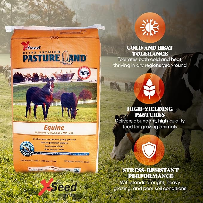 X-Seed Pasture Land Equine Forage Seed Mixture with Micro-Boost – No Mow Pasture Grass with Clover, Ryegrass & Perennial Greens – Recommender for Horses, & Livestock – Premium Blend, 25-Pound