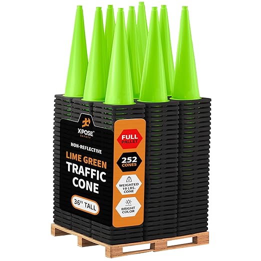 Xpose Safety 36” Lime Green Traffic Cone - 252 Pack - Premium PVC Safety Cone for Parking, Caution, Construction, Road Crews, Emergency Vehicle - MUTCD Compliant - DOT Approved