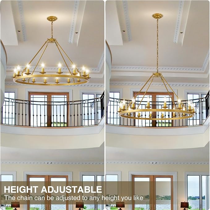 Wagon Wheel Chandelier, 16-Light Gold Modern Rustic Large Farmhouse Chandelier Adjustable Height Light for Ceiling Living Room, Entryways, Foyer, Dining Room, Kitchen