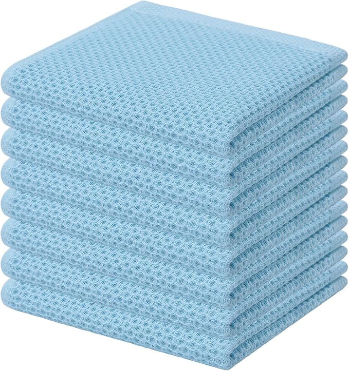 Kitinjoy 100% Cotton Kitchen Dish Cloths (12 X 12 Inches, Sky Blue),8 Pack Waffle Weave Ultra Soft Absorbent Dish Towels for Drying Dishes Quick Drying Kitchen Towels Dish Rags