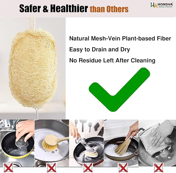 Loofah Natural Kitchen Sponge (5 Pcs), No Scratch Scrubber for Dish Cleaning, 100% Plant Based Vegetable Scrubber, Zero Waste and Eco Friendly Sponge for Kitchen (3 Pcs Oval+2 Pcs Rectangular)