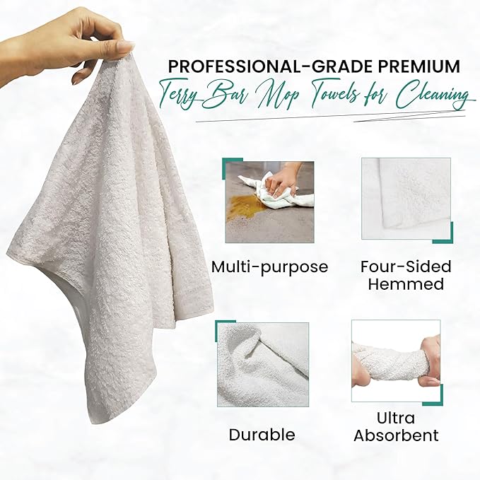 White Terry Bar Mop Towels 400 Pcs (Approx)- 100% Cotton Ultra-Absorbent Cleaning Rags, Perfect Washable Kitchen Rags for Bars, Restaurants & Home - Multipurpose (50 lbs. Box)